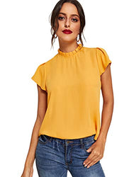 Romwe Women's Elegant Short Sleeve Mock Neck Workwear Blouse Top Shirts Yellow S