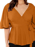 Romwe Women's Plus Size Short Sleeve Deep V Neck Self Belted Casual Peplum Wrap Blouse Orange 2XL