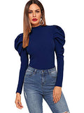 Romwe Women's Elegant Mock Neck Keyhole Back Leg-of-Mutton Long Sleeve Blouse (X-Large, Blue)