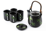 Japanese Asian Lucky Bamboo Design Tea Set Ceramic Teapot with Strainer, Rattan Handle and 4 Tea Cups