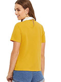 Romwe Women's Cute Contrast Collar Short Sleeve Casual Work Blouse Tops Yellow Large