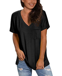 Black V Neck T Shirts for Women Loose Casual Tops Summer 2020 Fashion Tees Pocket L