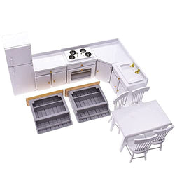 iLAND Dollhouse Furniture Set for Miniature Dollhouse Kitchen and Dining Room incl Table, Chairs, Fridge and Cabinets (Classic White 12pcs)