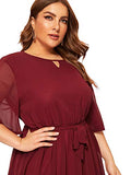 Romwe Women's Plus Size Mesh Elegant Half Ruffle Sleeve Belted Cocktail Party Swing Midi Dress Burgundy 1XL