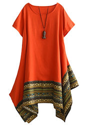 Minibee Women's Ethnic Cotton Linen Short Sleeves Irregular Tunic Dress (2XL, Orange)