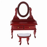 EatingBiting 2pcs Set 1:12 Dollhouse Miniature Furniture Bedroom Dressing Table Stool + Mirror Mahogany Dressing Table/Mirror/Bench