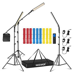 Neewer 3 Packs 2.4 GHz LED Light Stick Photography Lighting Kit with 3 Color Filters - Remote Dimmable 3200k-5600K 21W CRI 95 with Boom Arm Stand, Filters(Red/Yellow/Blue) and Bag, Battery Applicable