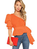 Romwe Women's One Shoulder Short Puff Sleeve Self Belted Solid Blouse Top Orange X-Large