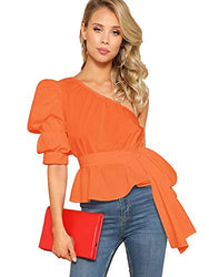Romwe Women's One Shoulder Short Puff Sleeve Self Belted Solid Blouse Top Orange X-Large