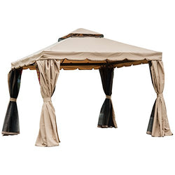 Outsunny 10’ x 10’ Outdoor Patio Gazebo with Beautiful Polyester Curtains, 2-Tier Roof, & Mesh Screen Drapes, Khaki