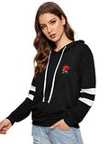 DIDK Women's Embroidered Rose Patch Stripe Sleeve Hoodie Sweatshirt Black S