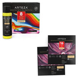 ARTEZA Acrylic Pouring Paint Set, 8 Rainbow Colors and Arteza Black Acrylic Paper Pad, Pack of 2, 16 Sheets Each, Art Supplies for Acrylic and Oil Painting, Drawing and Sketching