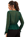 Romwe Women's Long Sleeve Deep V Neck Swiss Dot Ruffle Hem Knot Summer Blouse Top Green M