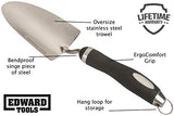 Edward Tools Bend-proof Garden Trowel - Heavy duty polished stainless steel - Rust Resistant Oversized trowel for quicker work - Digs through rocky / heavy soils - Comfort Grip
