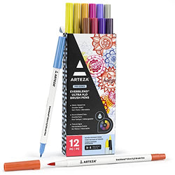 Arteza Watercolor Pens, 12 EverBlend H2O Double-Sided Calligraphy Pens, Vintage Tones, Nylon Brush and Fine Tip Markers, Water-Based Ink, Blendable