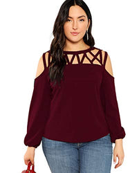 ROMWE Women's Plus Size Long Lantern Sleeve Cold Shoulder Hollow Out Casual Top Blouse Burgundy 3XL