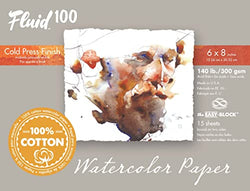 Fluid 100 Artist Watercolor Block, 140 lb (300 GSM) 100% Cotton Cold Press Pad for Watercolor Painting and Wet Media w/ Easy Block Binding, 6 x 8 inches, 15 Sheets