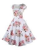 PUKAVT Women's Cocktail Party Dress Cap Sleeve 1950 Retro Swing Dress with Pockets White Pink Flower M