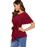 Romwe Women's Bow Self Tie Scalloped Cut Out Short Sleeve Elegant Office Work Tunic Blouse Top Burgundy Large