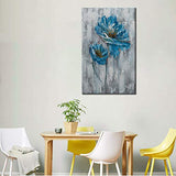 Hand Painted Flower Paintings on Canvas Blue White Floral Wall Art Modern Abstract Poppy Artwork Framed Picture Home Decor 24x36in