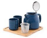 Happy Sales HSTS-T2DBU, Tea Set with 20 oz Teapot,Two Cups and Bamboo Tray, Blue