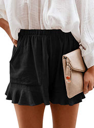 Paitluc Womens Shorts for Summer Fashion Holiday Ladies Ruffle Hem Elastic Waist Solid Black M