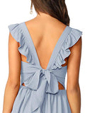 Romwe Women's Cute Tie Back Ruffle Strap A Line Fit and Flare Flowy Short Dress Pastel-Blue Medium