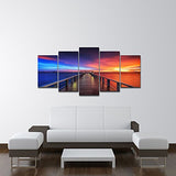 Pyradecor Sunset Bridge Giclee Canvas Prints Wall Art Seascape Ocean Picture Paintings Ready to Hang for Living Room Bedroom Home Decorations 5 Panels Modern Stretched and Framed Landscape Sea Artwork