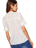 Romwe Women's Short Sleeve Stand Collar Embroidery Button Slim Cotton Blouse Top White XS