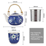 Taimei Teatime Ceramic Japanese Style Tea Set with Handpainted Blue Plum Blossom Pattern, 25 fl.oz Teapot with Infuser and 4 Tea Cup Set, Gift for Women