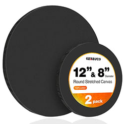 Ozazuco Pre Stretched Canvas for Painting, 12 Inch, 2 Pack Round Canvas Boards, 12 Inch Black Blank Canvas, 100% Cotton, Primed,for Art Supplies for Acrylics, Oil Painting, DIY Wall Décor (2 Pack)