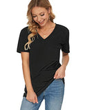 Black V Neck T Shirts for Women Loose Casual Tops Summer Fashion Tees with Pocket L