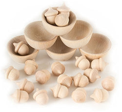 Wooden Acorns Counting & Sorting Kit - Unfinished wood set of 20 acorns and 6 bowls