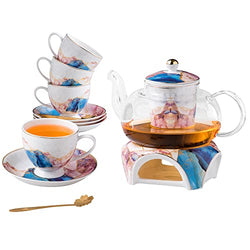 Jusalpha Fine China Rainbow Galaxy Series Glass Tea Pot with Infuser-Teapot Warmer Teacup and Saucer Set with Spoon in Gift Box- 16 pcs in 1 set, (FD Glass pot set 08)