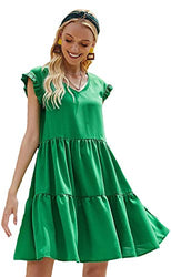Romwe Women's Casual Cap Sleeve Flounce Sleeve V Neck Ruffle Hem Babydoll Dress Top Green Medium