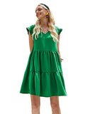 Romwe Women's Casual Cap Sleeve Flounce Sleeve V Neck Ruffle Hem Babydoll Dress Top Green Medium