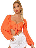 Romwe Women's Self Tie Knot Front Sweetheart Neck Long Sleeve Crop Tops Blouse Orange M