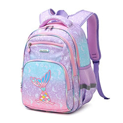 Cute Kid Backpack Girl, 16 Inch Funny Mermaid Rainbow Kawaii Elementary Fancy Preschool Kindergarten School Bookbag fits 8 9 10 11 12 Years Old Side Pocket Chest Strap Purple