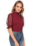 Romwe Women's Summer Short Sleeve Mock Neck Casual Blouse Tops Mesh Burgundy Large