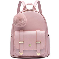 Girls Fashion Backpack Mini Backpack Purse for Women Teenage Girls Purses PU Leather Pompom Backpack Shoulder Bag Gold Pink
