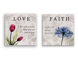 Red Blue Canvas Wall Art Love Faith Flower Poster Prints Bathroom Living room Bedroom Pictures Wall Decor Framed Ready to Hang 12*12''*2 Pieces