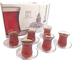 Pasabahce Turkish Tea Glasses and Saucers Set - 6 Glasses 6 Saucers