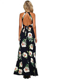 ZESICA Women's Halter Neck Floral Print Backless Split Beach Party Maxi Dress, Dark Blue, Small