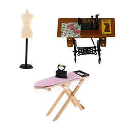Prettyia 3pcs Dollhouse Miniature Ironing Board, Sewing Machine & Mannequin Model Stand