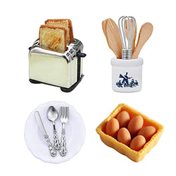 G0lden&Mang0 20 Pcs Dollhouse Decor Kitchen Accessories,1:12 Scale 1Pc Miniature Toast Machine with 2Pcs Toys,1 Set Egg Beater and Boxed Model Plate 3Pcs Knife Fork Spoon for Kids Gift