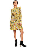 Floerns Women's Long Sleeve Ruffle Trim Self Tie Floral Print Short Dress A Yellow XS