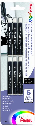 Pentel Arts Pocket Brush Refills, Black Ink, Pack of 6 (FP10BP6A)