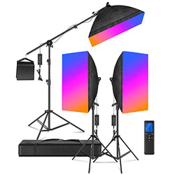 Neewer RGB LED Softbox Lighting Kit with 2.4G Remote: 3-Pack 48W Dimmable LED Light Head with 3200~5600K/CRI95+/360°Full Color/10 Scene Effect with Softbox, Stand and Boom Arm for Studio Photography