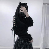 NIDOV Cute Cat Ear Crop Graphic Hoodies for Women Gothic Punk Sweatshirt Black Medium
