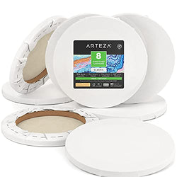 Arteza Stretched Canvas, 8 Pack, 10 Inch Diameter, Round Blank Canvases, 100% Cotton, 8 oz Gesso-Primed, Art Supplies for Acrylic Pouring and Oil Painting